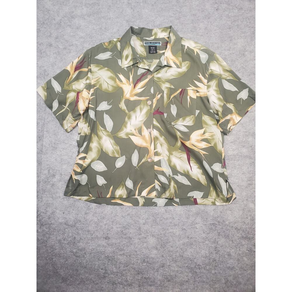 Pearl Head Bay Women's 14 Green Tropical Print Silk Short Sleeve Blouse